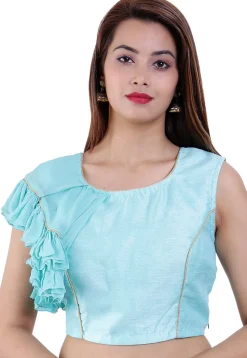 Ruffled Dupion Silk and Georgette Padded Blouse in Sky Blue
