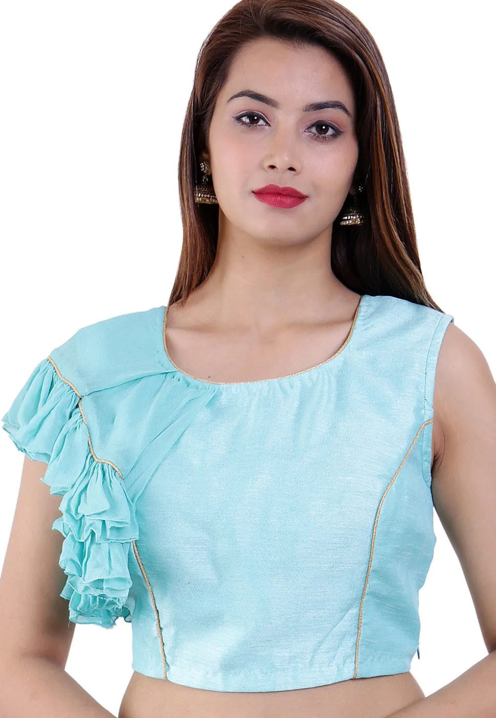 Ruffled Dupion Silk and Georgette Padded Blouse in Sky Blue
