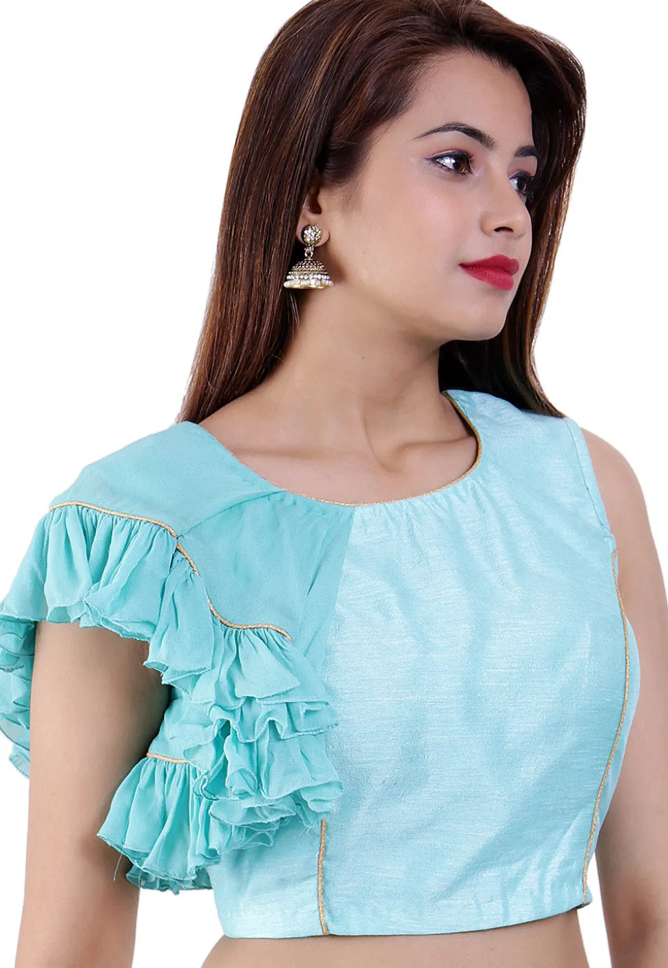 Ruffled Dupion Silk and Georgette Padded Blouse in Sky Blue