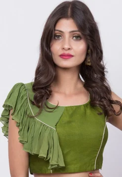Ruffled Dupion Silk Blouse in Olive Green