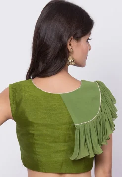 Ruffled Dupion Silk Blouse in Olive Green