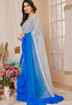 Ruffled Georgette Saree in Shaded Grey and Blue