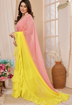 Ruffled Georgette Saree in Shaded Peach and Yellow