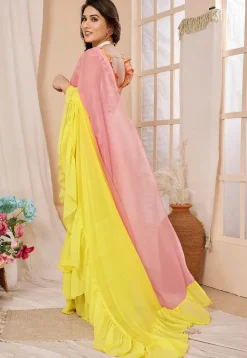 Ruffled Georgette Saree in Shaded Peach and Yellow