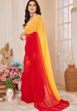 Ruffled Georgette Saree in Shaded Yellow and Red