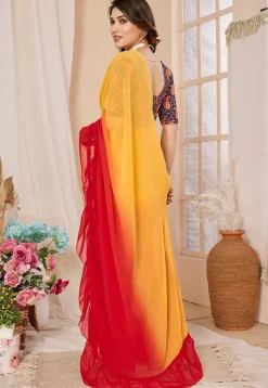 Ruffled Georgette Saree in Shaded Yellow and Red