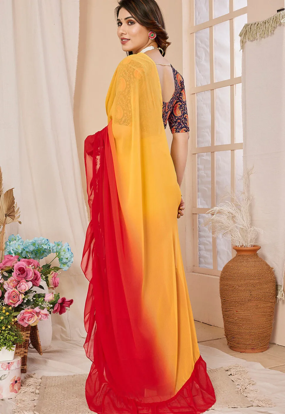 Ruffled Georgette Saree in Shaded Yellow and Red