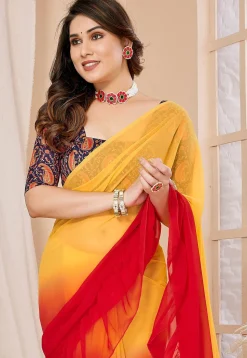 Ruffled Georgette Saree in Shaded Yellow and Red