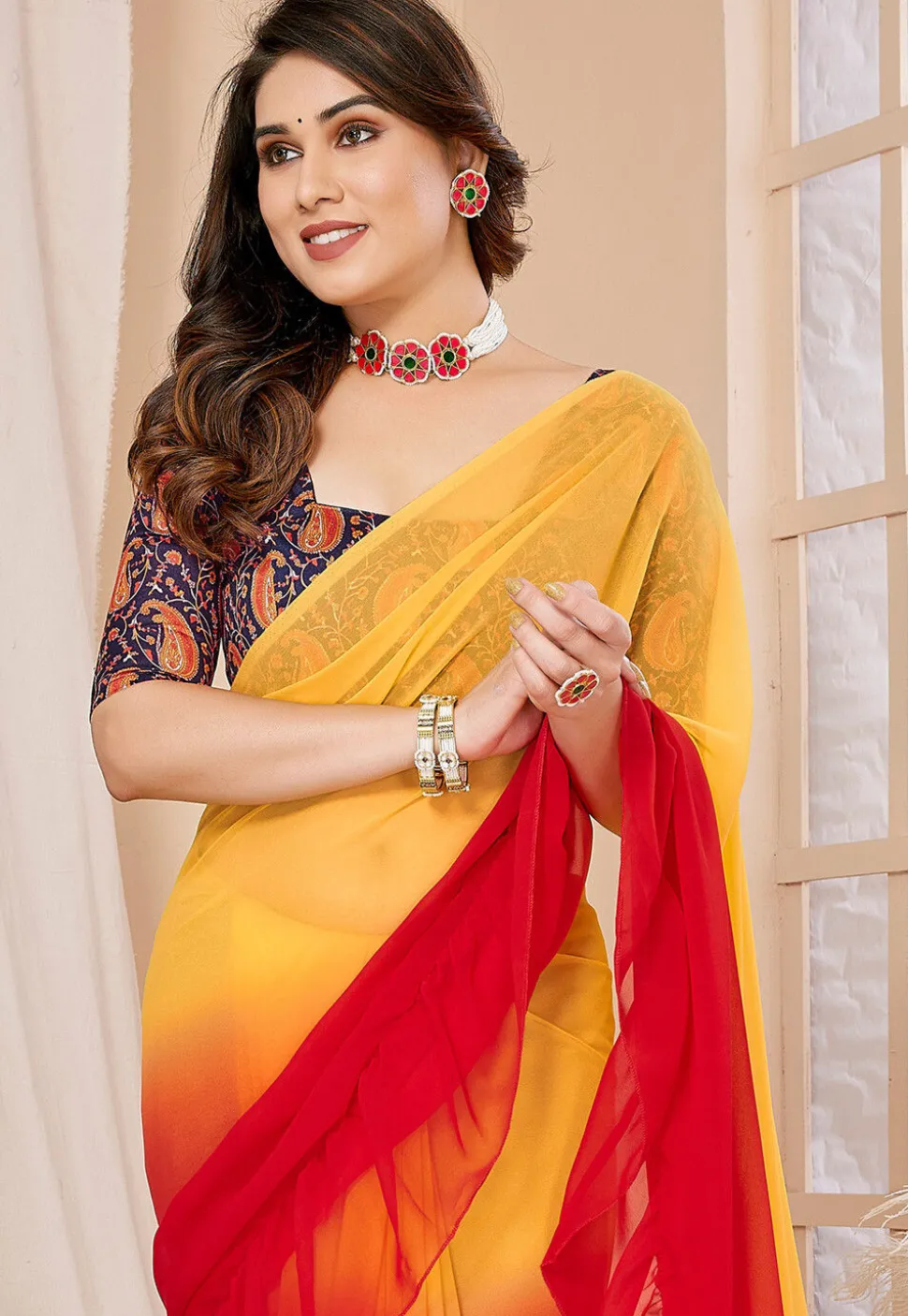Ruffled Georgette Saree in Shaded Yellow and Red