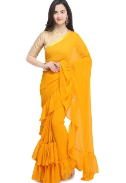 Ruffled Georgette Saree in Mustard