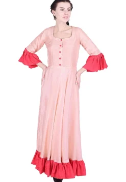 Ruffled Hemline Uppada Silk Abaya Style Suit in Light Peach
