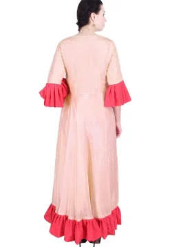 Ruffled Hemline Uppada Silk Abaya Style Suit in Light Peach