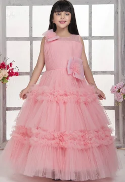 Ruffled Net Gown in Peach