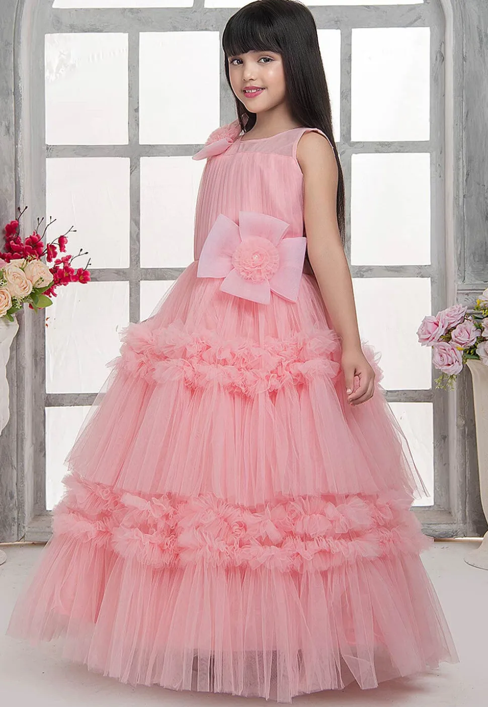 Ruffled Net Gown in Peach