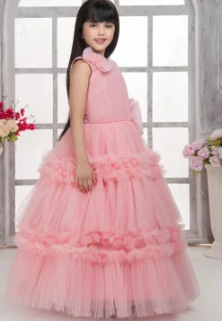 Ruffled Net Gown in Peach
