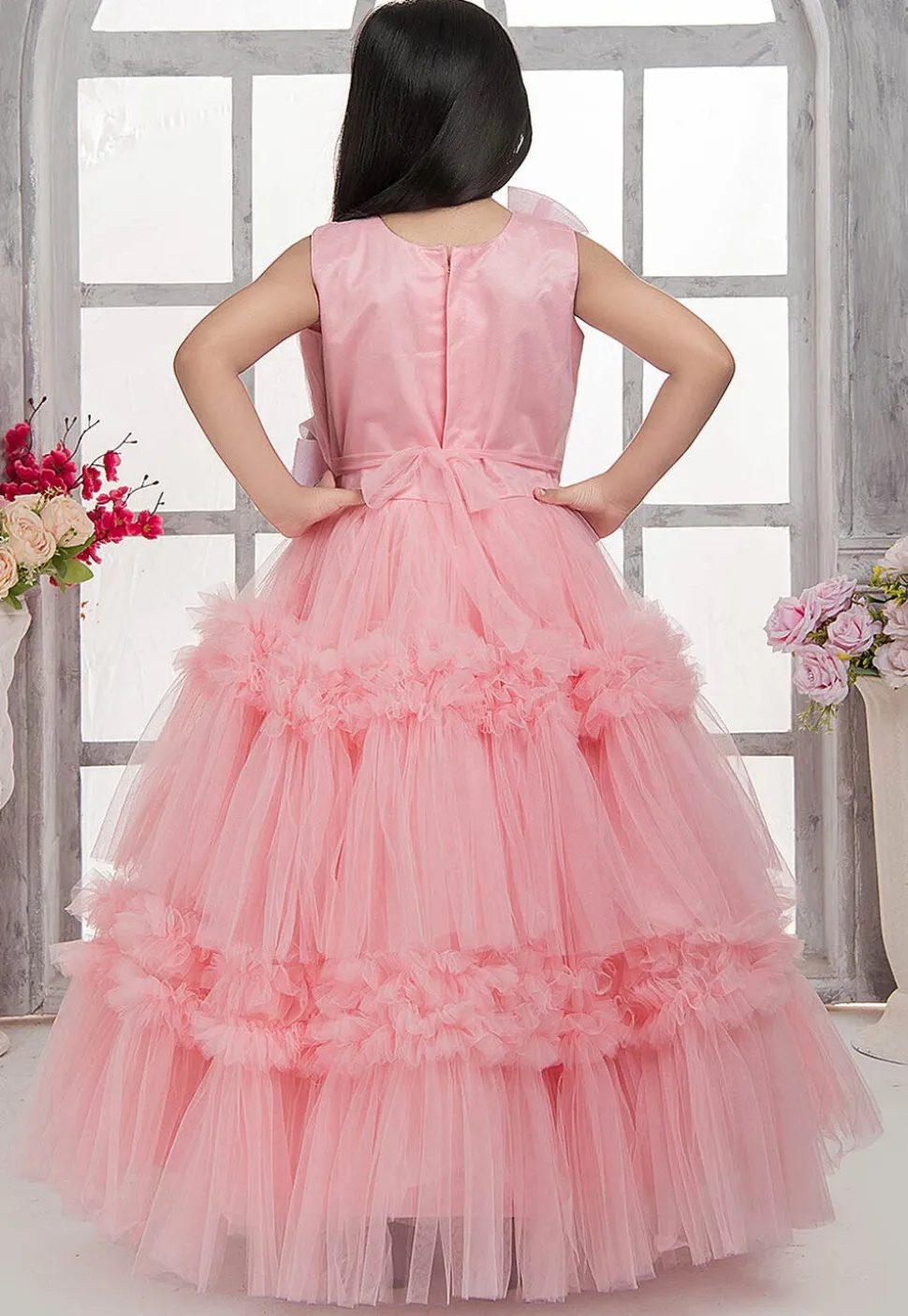 Ruffled Net Gown in Peach
