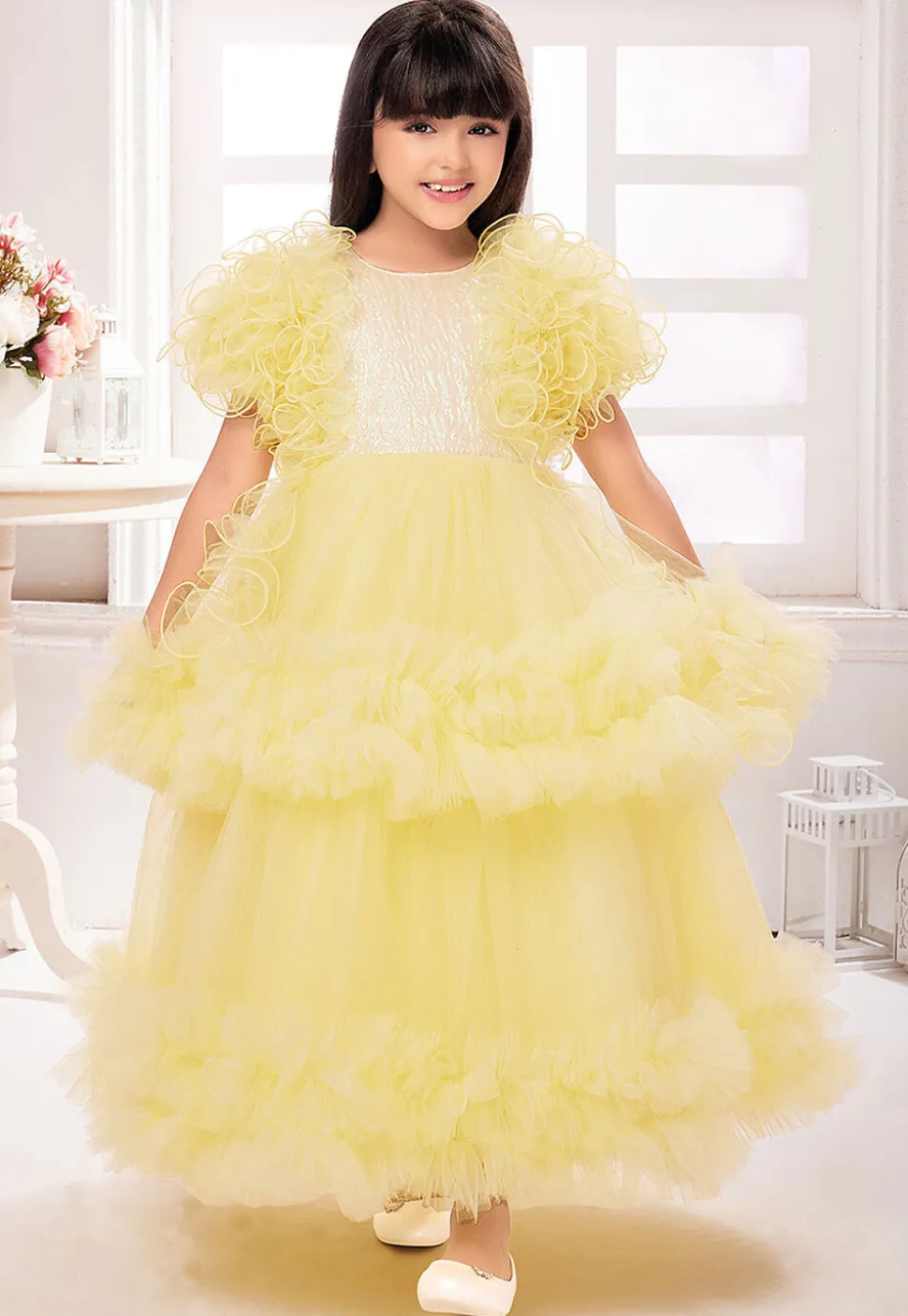 Ruffled Net Gown in Yellow