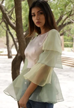 Ruffled Net Peplum Style Top in Light Beige and Light Olive Green