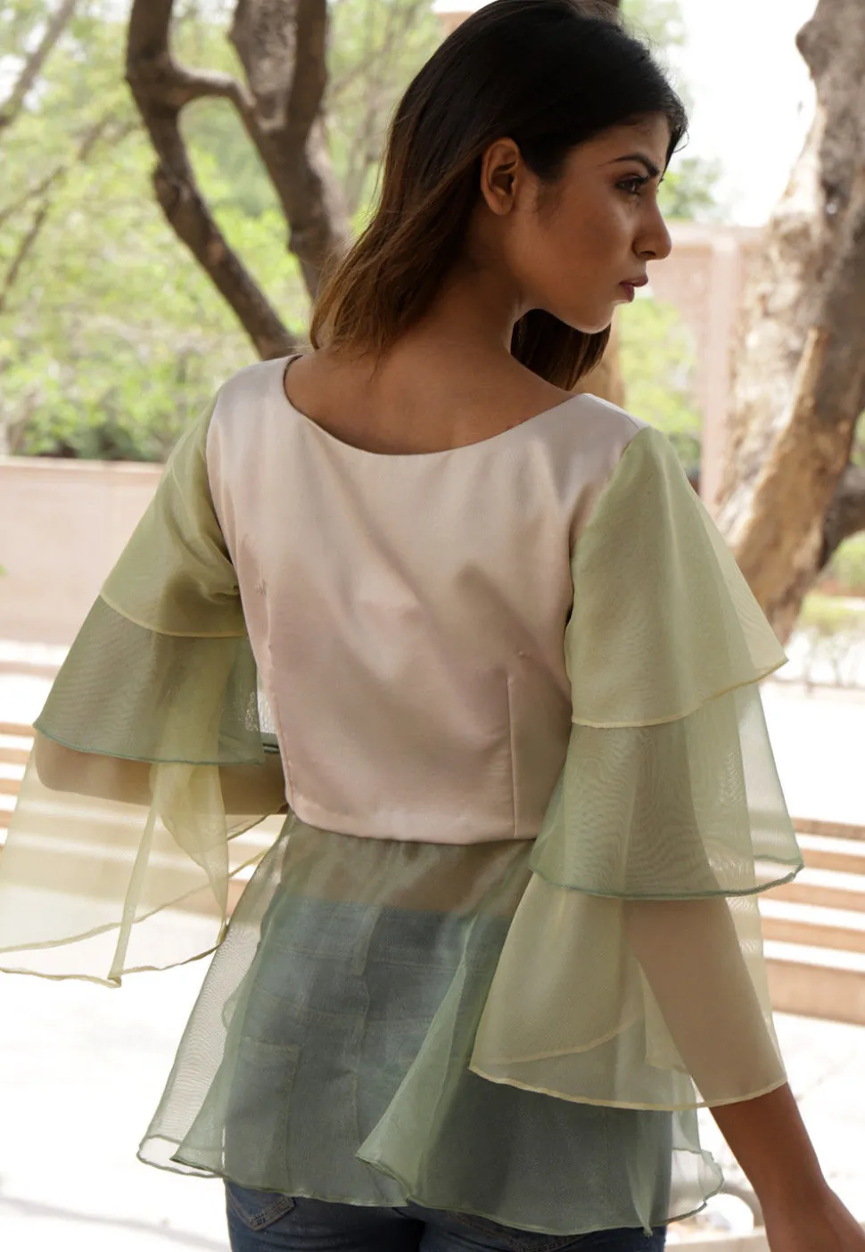 Ruffled Net Peplum Style Top in Light Beige and Light Olive Green