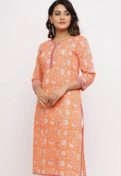 Sanganeri Printed Cotton Straight Kurta in Orange
