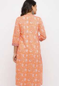 Sanganeri Printed Cotton Straight Kurta in Orange