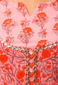 Sanganeri Printed Cotton Kurta with Palazzo in Peach and Orange