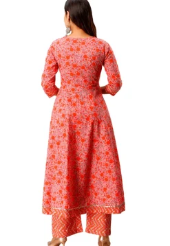 Sanganeri Printed Cotton Kurta with Palazzo in Peach and Orange
