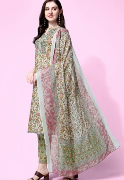 Sanganeri Printed Pure Cotton Pakistani Suit in Dusty Green