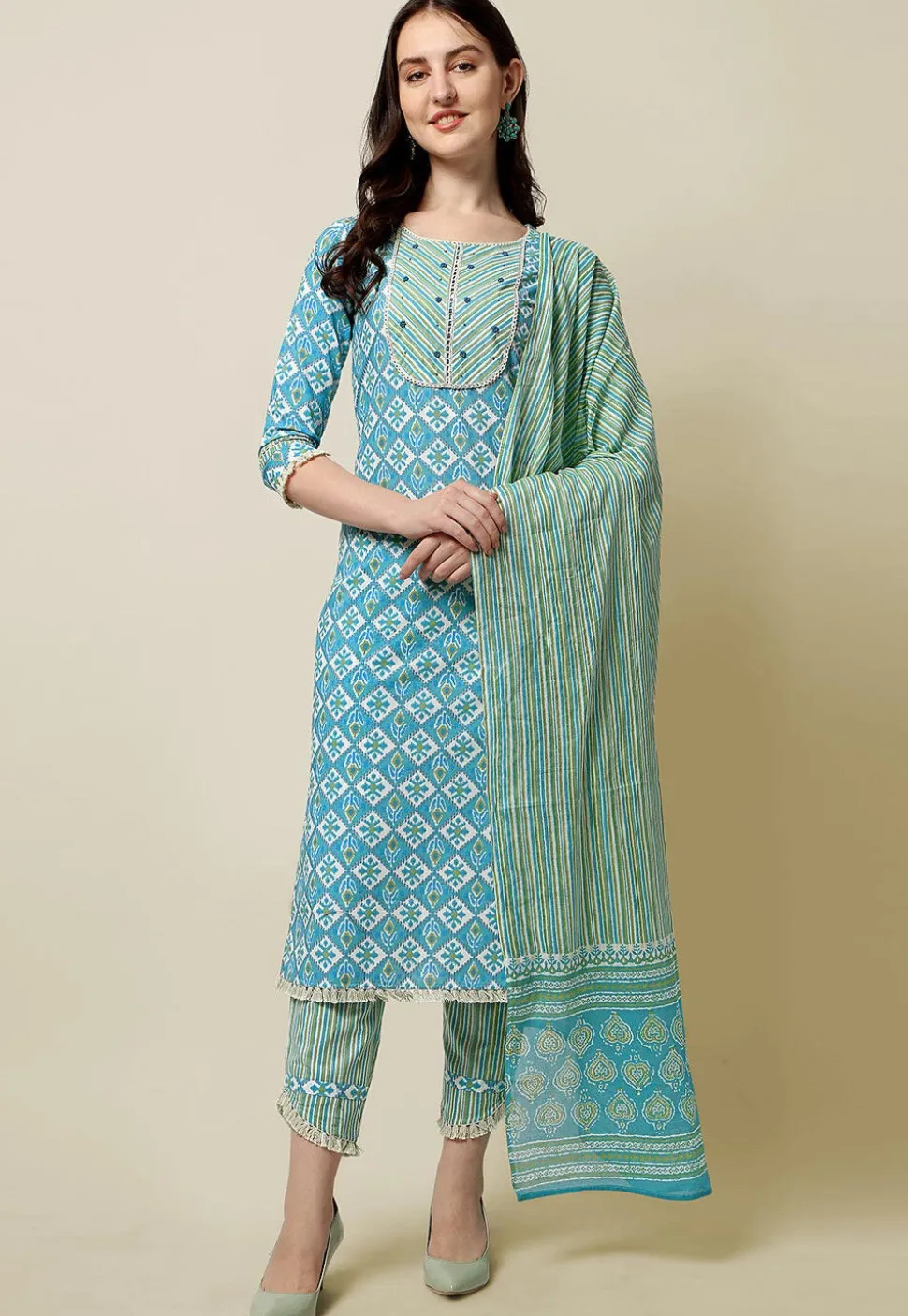 Sanganeri Printed Pure Cotton Pakistani Suit in Sky Blue