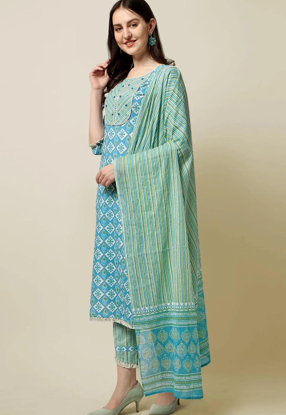Sanganeri Printed Pure Cotton Pakistani Suit in Sky Blue