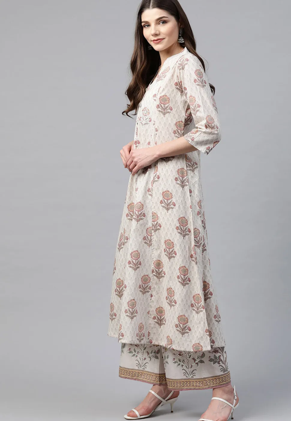 Sanganeri Printed Pure Cotton Kurta with Palazzo in Off White