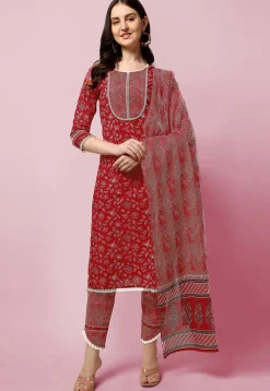 Sanganeri Printed Pure Cotton Pakistani Suit in Coral Red
