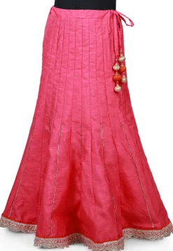 Scallop Border Bhagalpuri Silk Long Skirt in Pink