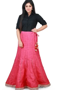Scallop Border Bhagalpuri Silk Long Skirt in Pink