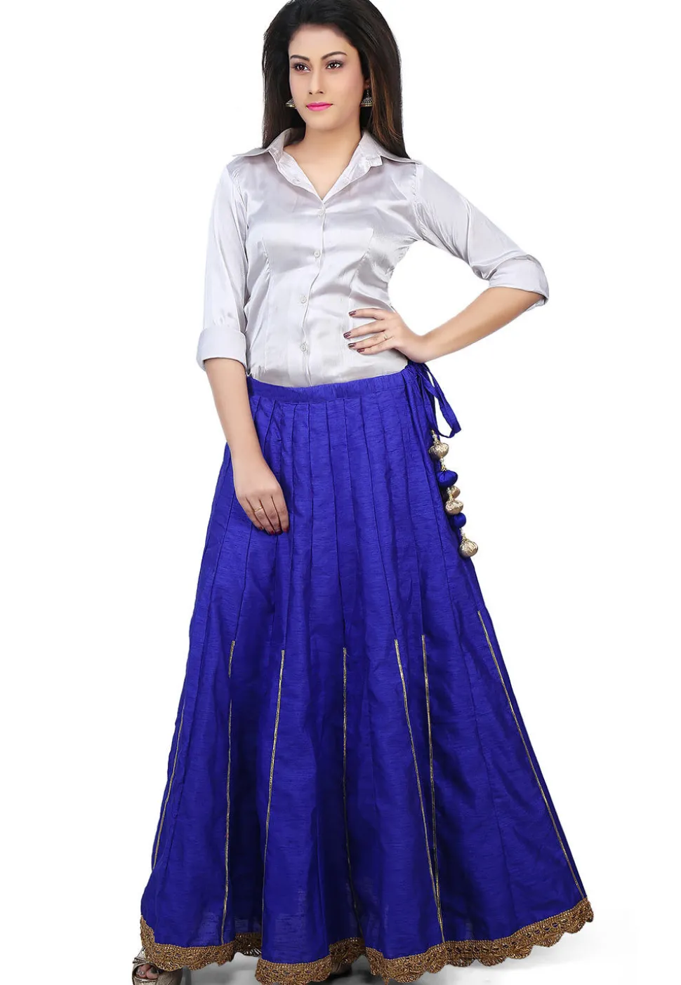 Scallop Border Bhagalpuri Silk Long Skirt in Royal Blue