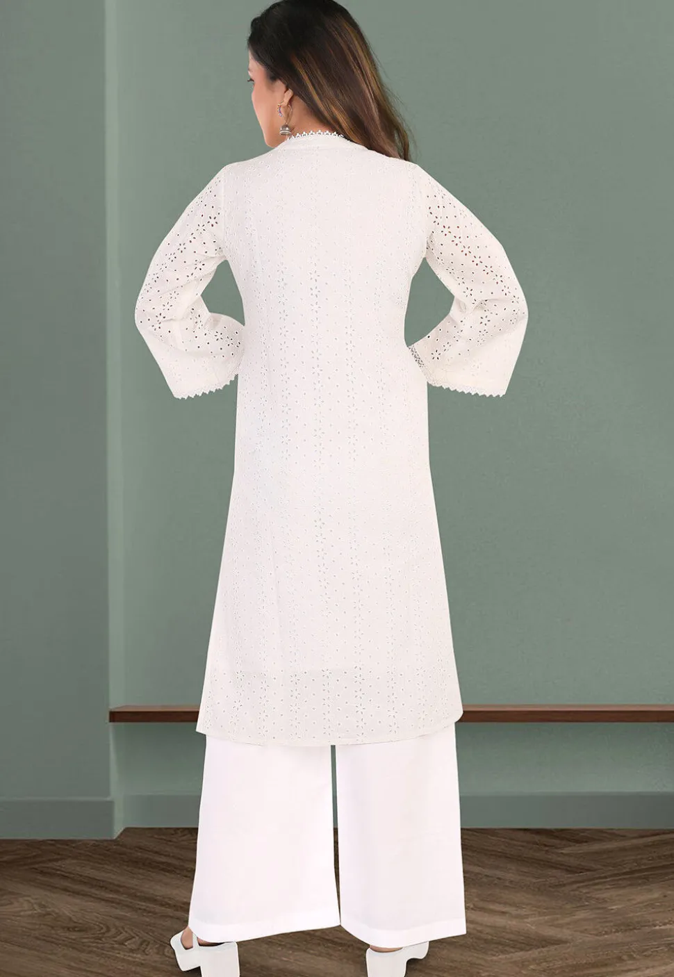 Schiffli Cotton Straight Kurta Set in Off White