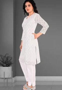Schiffli Cotton Straight Kurta Set in Off White