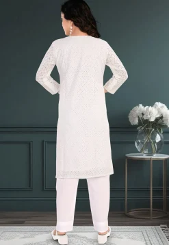 Schiffli Cotton Straight Kurta Set in Off White