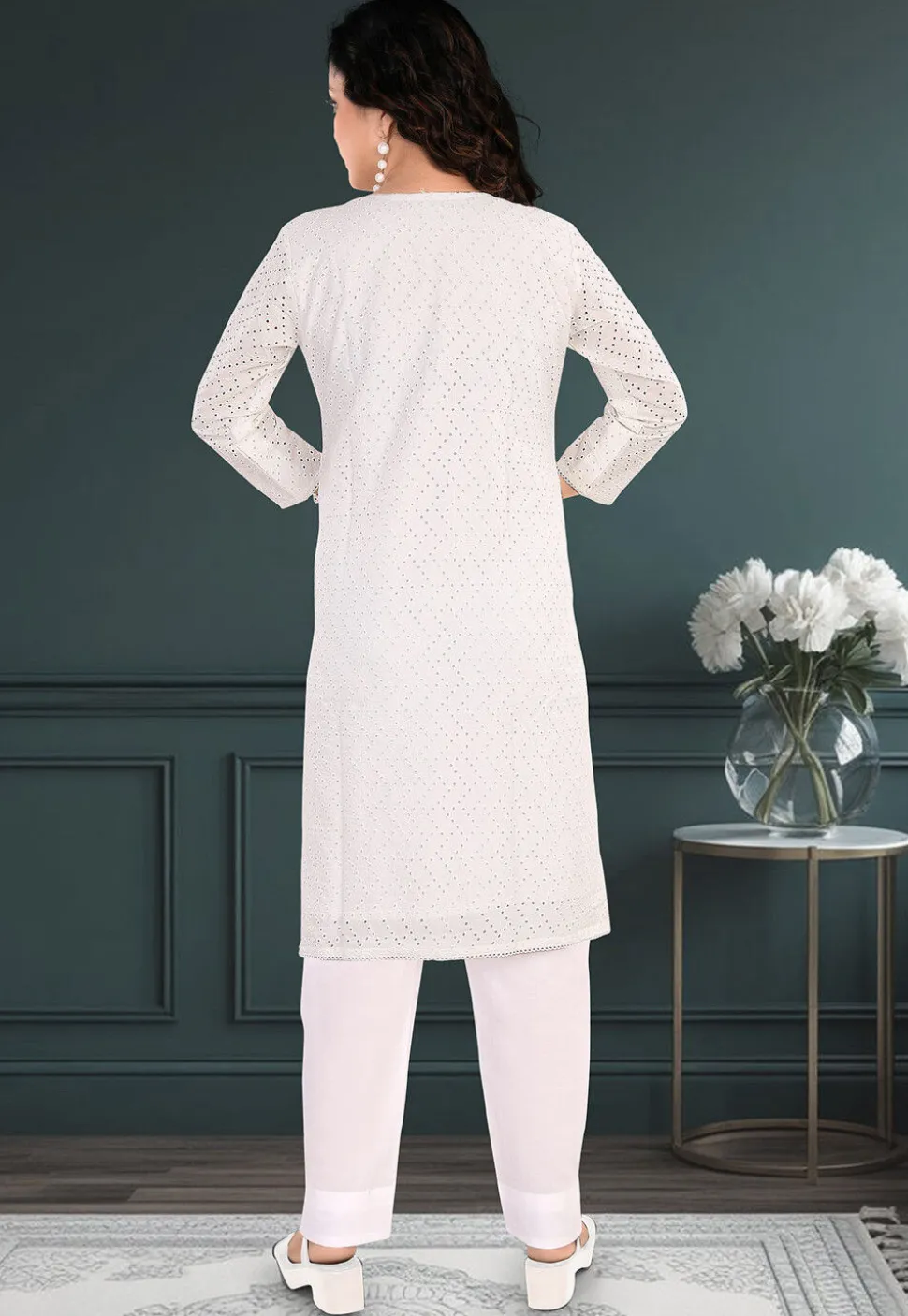 Schiffli Cotton Straight Kurta Set in Off White