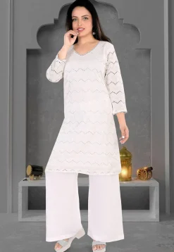 Schiffli Cotton Straight Kurta Set in Off White