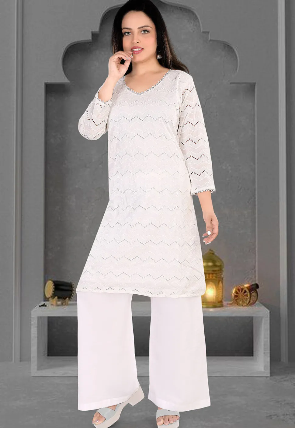 Schiffli Cotton Straight Kurta Set in Off White