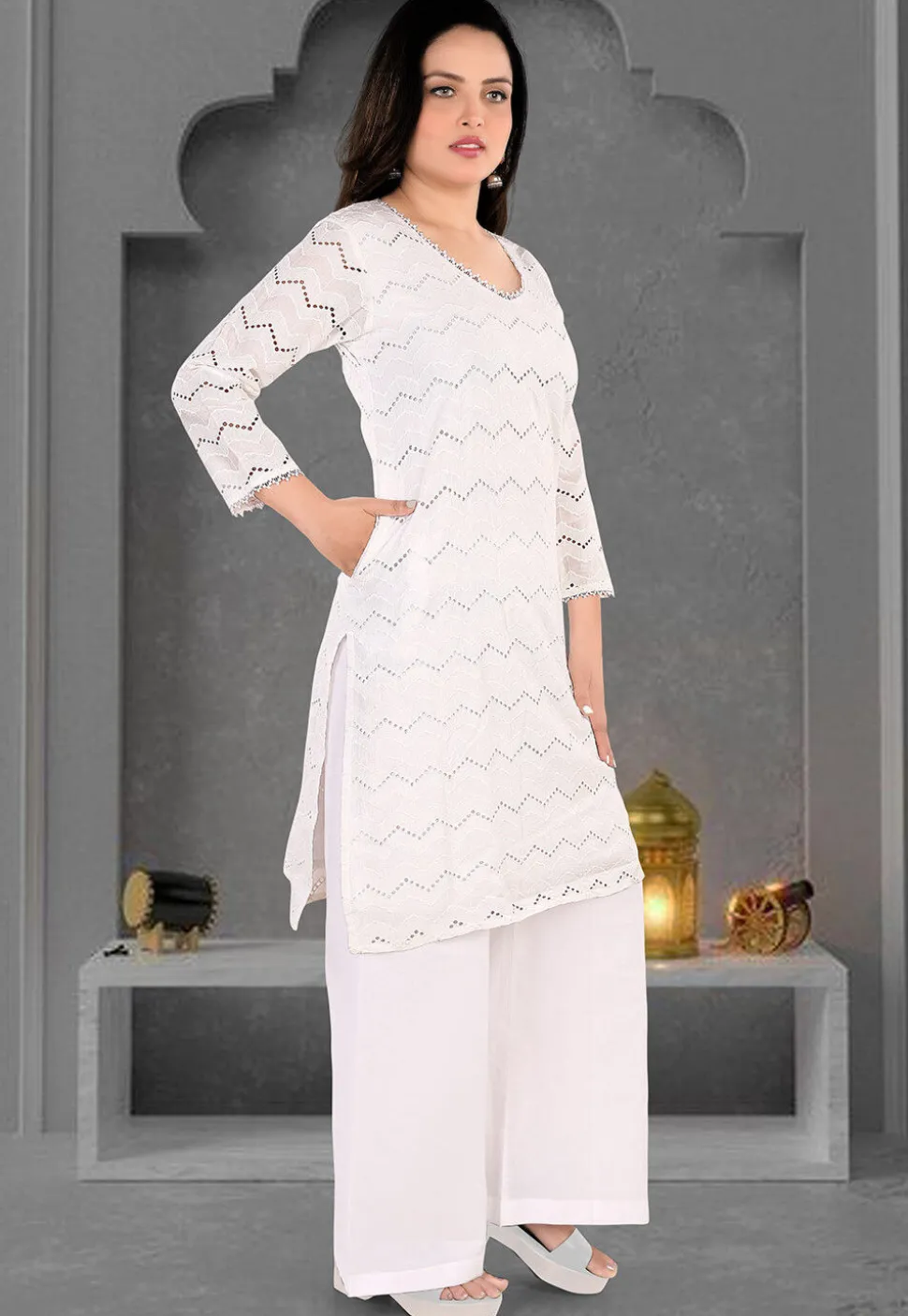 Schiffli Cotton Straight Kurta Set in Off White