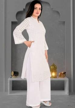 Schiffli Cotton Straight Kurta Set in Off White