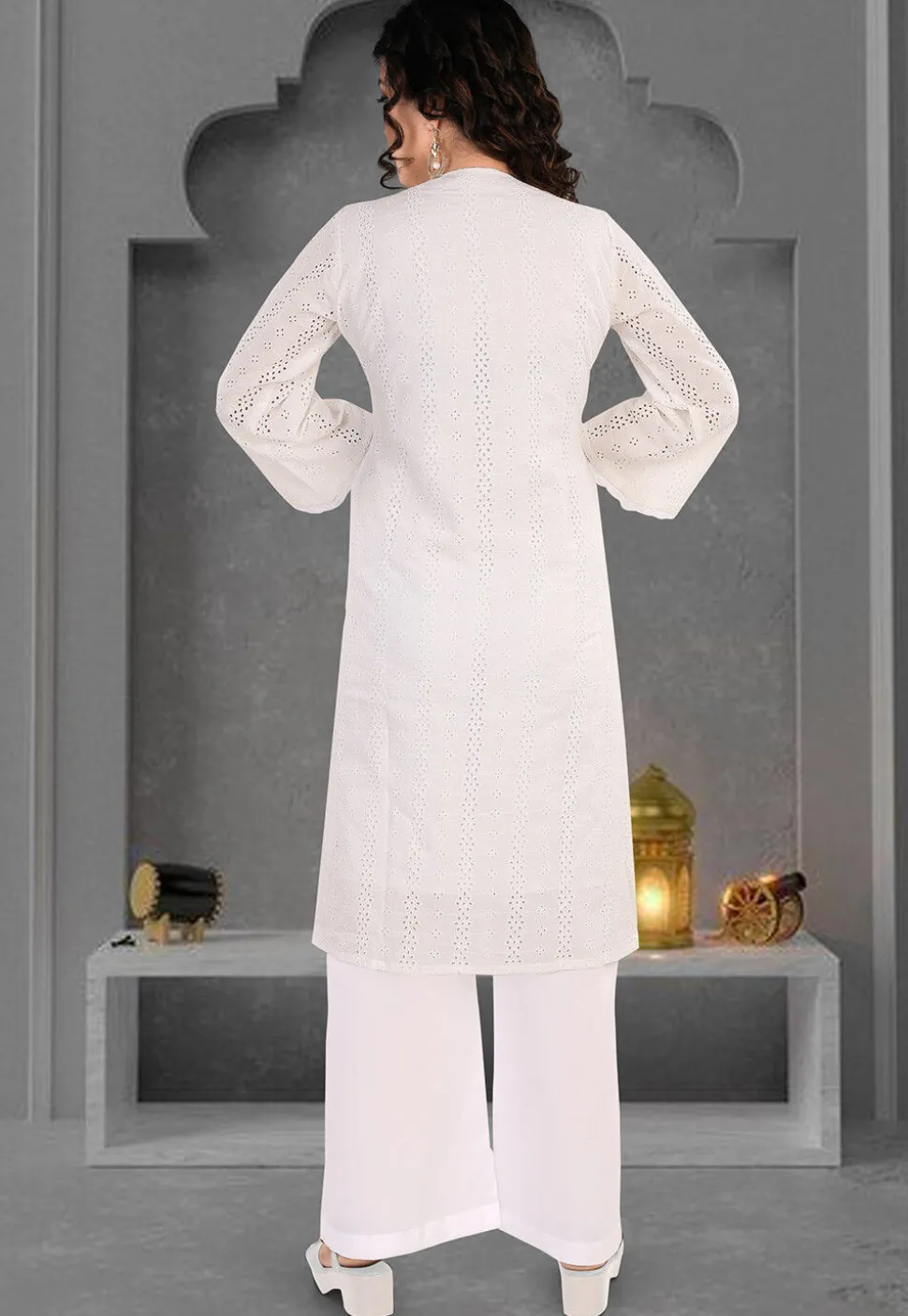 Schiffli Cotton Straight Kurta Set in Off White