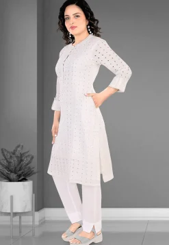 Schiffli Cotton Straight Kurta Set in Off White
