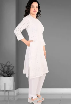 Schiffli Cotton Straight Kurta Set in Off White