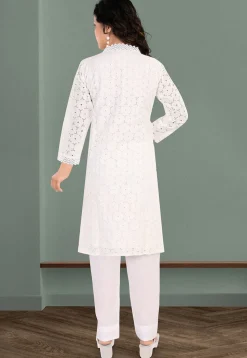Schiffli Cotton Straight Kurta Set in Off White
