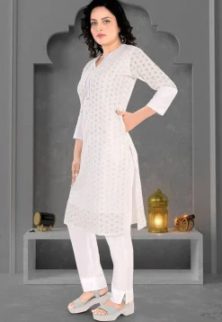 Schiffli Cotton Straight Kurta Set in Off White