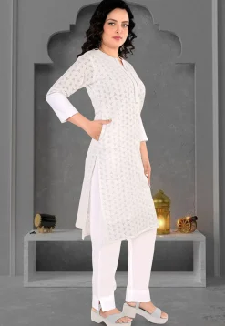 Schiffli Cotton Straight Kurta Set in Off White