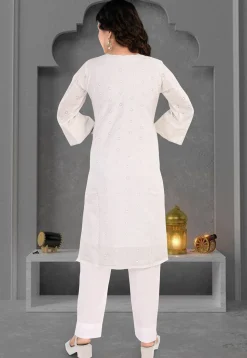 Schiffli Cotton Straight Kurta Set in Off White